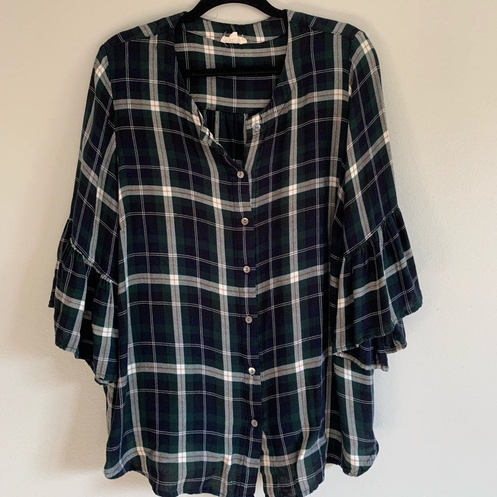 Green blue tartan bell sleeve blouse
